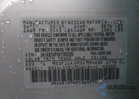 2019 Nissan Sentra Sv z USA, uszkodzony, nr VIN 3N1AB7AP6KY365295